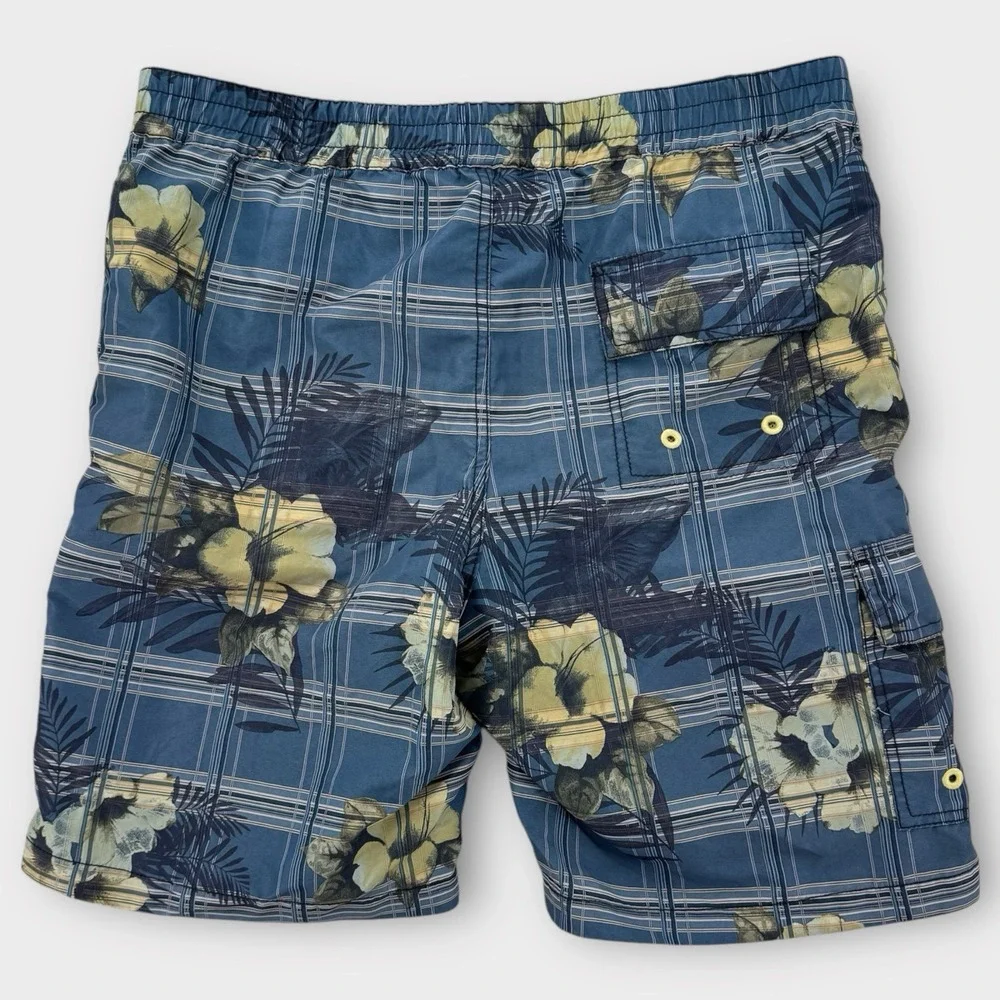 Tommy Bahama Relax Swim Trunks Mens Medium Blue Plaid‎ Floral Shorts Mesh Lined